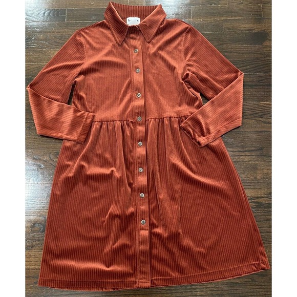 Vtg Hanes Signature Collection Ribbed Velvet Midi Dress L Button Front 80's Rust - Picture 4 of 9